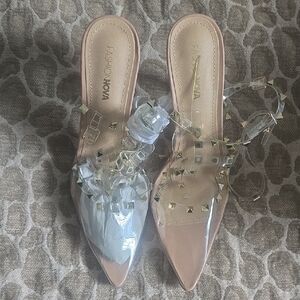 Fashion Nova Clear Studded Pointed Toe Mule - Blush/Nude